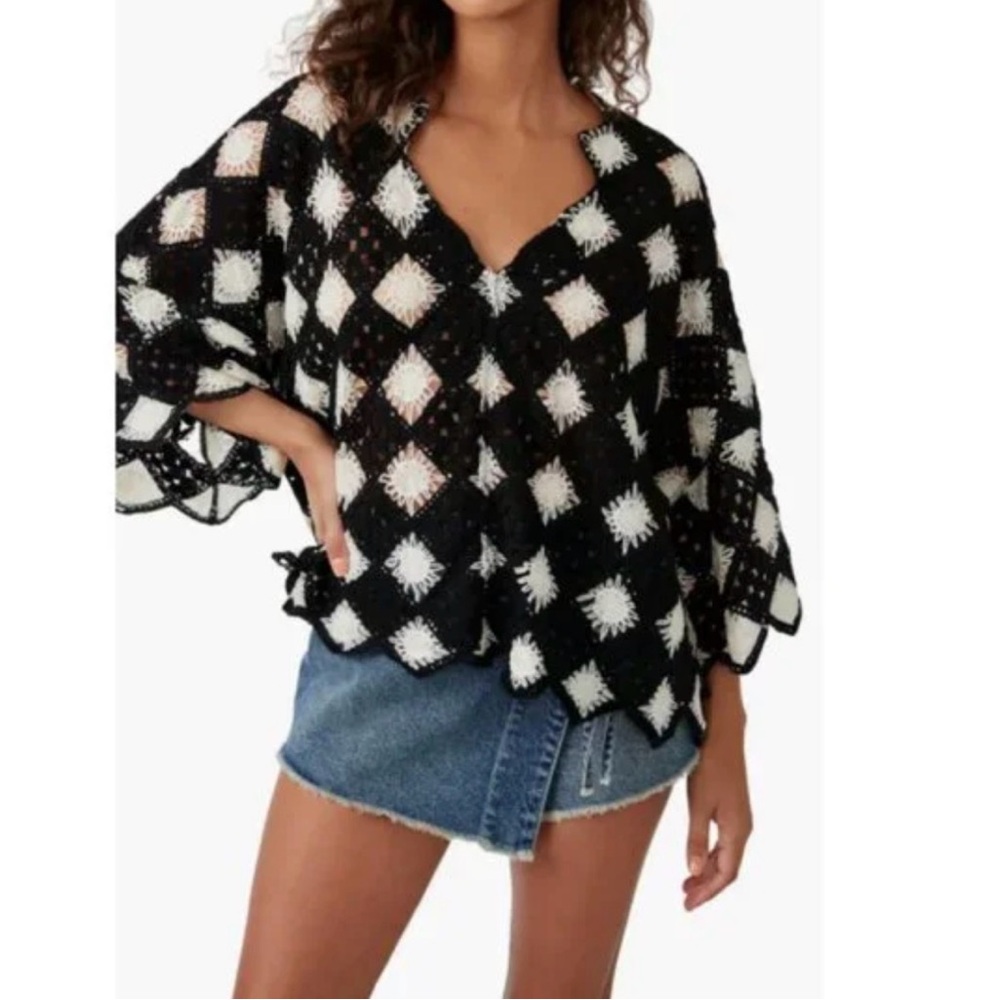 Free People Black and White Crochet Blouse